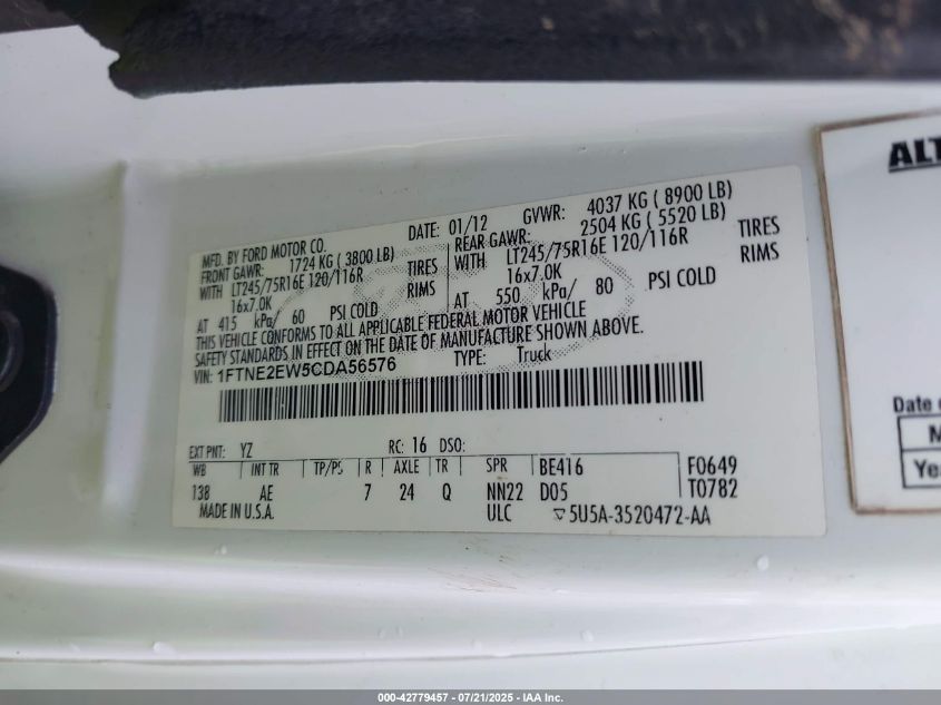 2012 Ford E-250 Commercial VIN: 1FTNE2EW5CDA56576 Lot: 42779457