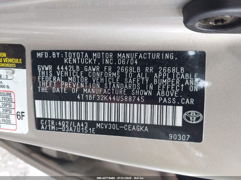 2004 Toyota Camry Xle V6 VIN: 4T1BF32K44U588745 Lot: 42779460