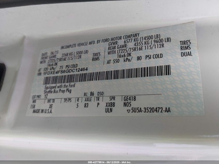 2016 Ford E-450 Cutaway VIN: 1FDXE4FS6GDC12464 Lot: 42779514