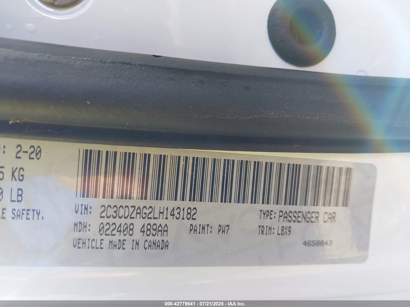VIN 2C3CDZAG2LH143182 2020 DODGE CHALLENGER SXT