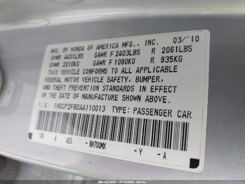 2010 Honda Accord 2.4 Ex-L VIN: 1HGCP2F80AA110013 Lot: 42779551