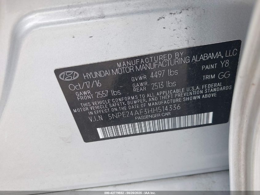 2017 Hyundai Sonata VIN: 5NPE24AF3HH514336 Lot: 42779552