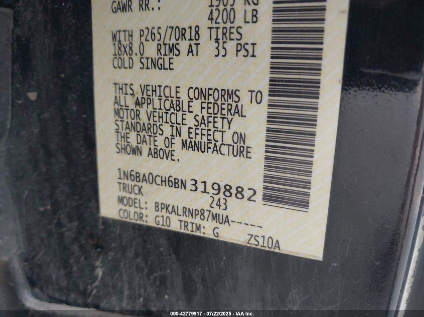 2011 Nissan Titan S VIN: 1N6BA0CH6BN319882 Lot: 42779917