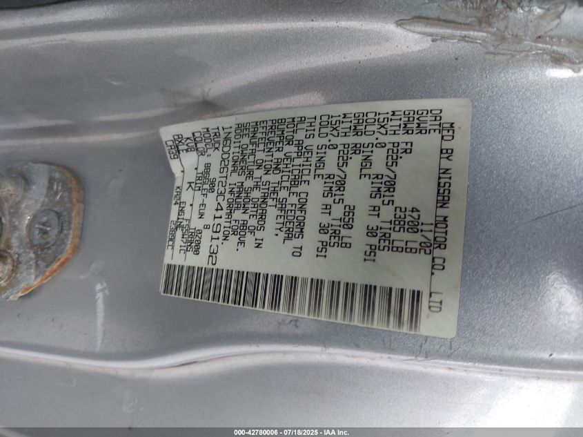 2003 Nissan Frontier Xe VIN: 1N6DD26T23C419132 Lot: 42780006