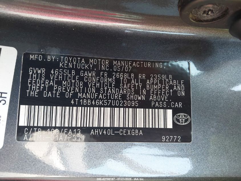 2007 Toyota Camry Hybrid VIN: 4T1BB46K57U023095 Lot: 42780167