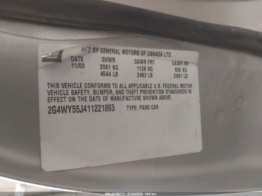 2001 Buick Century Limited VIN: 2G4WY55J411221863 Lot: 42780171