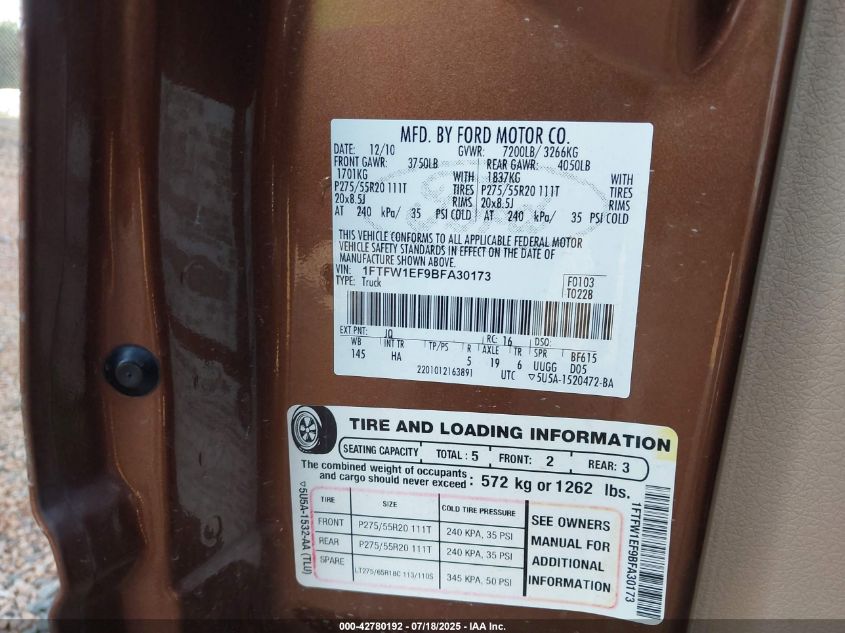 2011 Ford F-150 Lariat VIN: 1FTFW1EF9BFA30173 Lot: 42780192