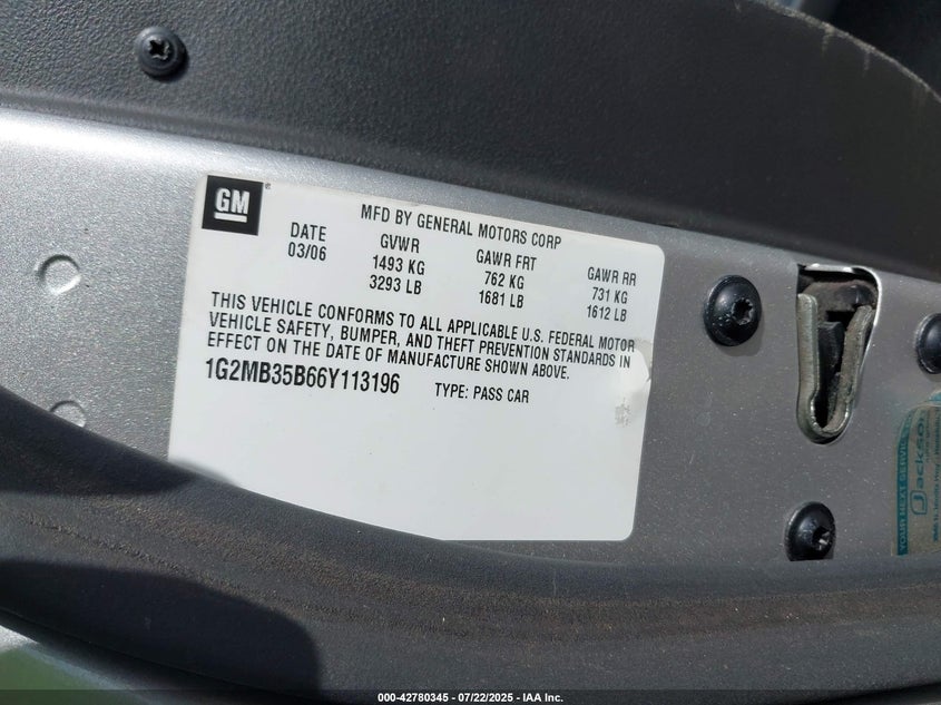 2006 Pontiac Solstice VIN: 1G2MB35B66Y113196 Lot: 42780345