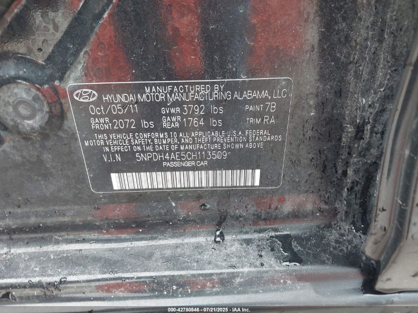 2012 Hyundai Elantra Limited VIN: 5NPDH4AE5CH113509 Lot: 42780546