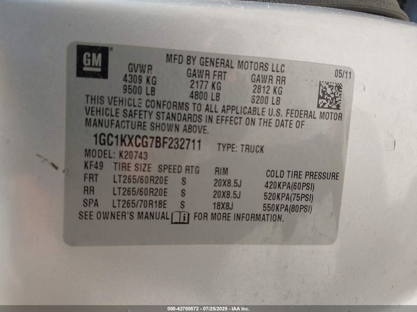 2011 Chevrolet Silverado 2500Hd Lt VIN: 1GC1KXCG7BF232711 Lot: 42780572