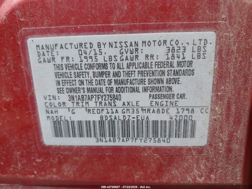 2015 Nissan Sentra Sv VIN: 3N1AB7AP7FY275840 Lot: 42780587