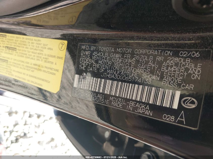 2006 Lexus Es 330 VIN: JTHBA30G065174133 Lot: 42780663