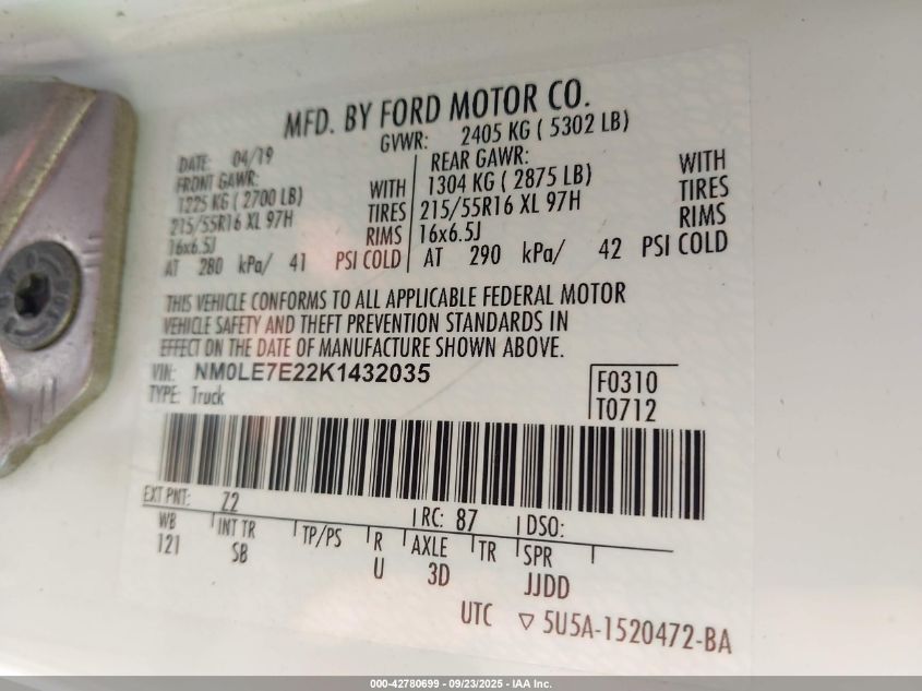 2019 Ford Transit Connect Xl VIN: NM0LE7E22K1432035 Lot: 42780699