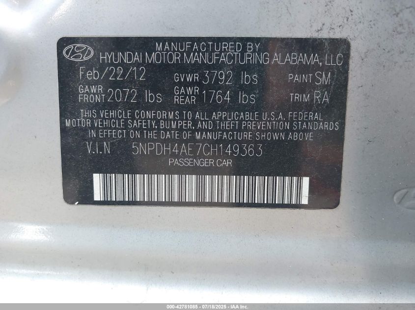 2012 Hyundai Elantra Limited VIN: 5NPDH4AE7CH149363 Lot: 42781085