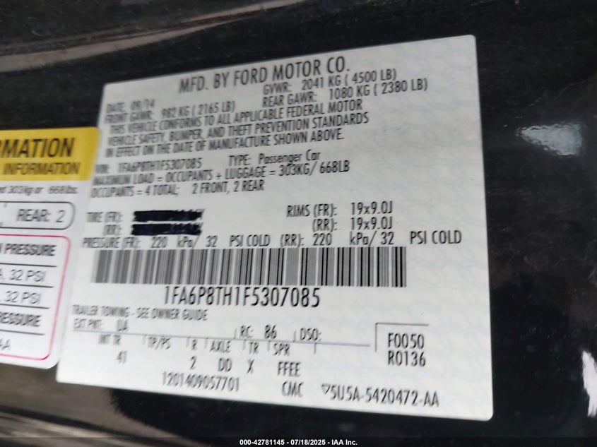 2015 FORD MUSTANG ECOBOOST - 1FA6P8TH1F5307085