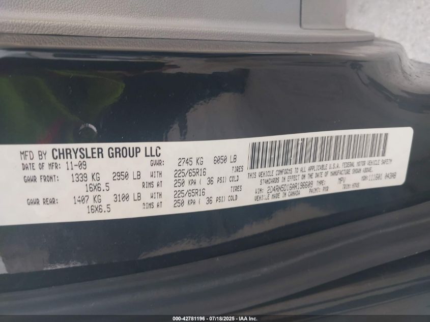 2010 Dodge Grand Caravan Sxt VIN: 2D4RN5D16AR196609 Lot: 42781196