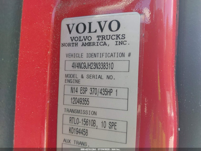 2003 Volvo Vn Vnl VIN: 4V4NC9JH23N338310 Lot: 42781264