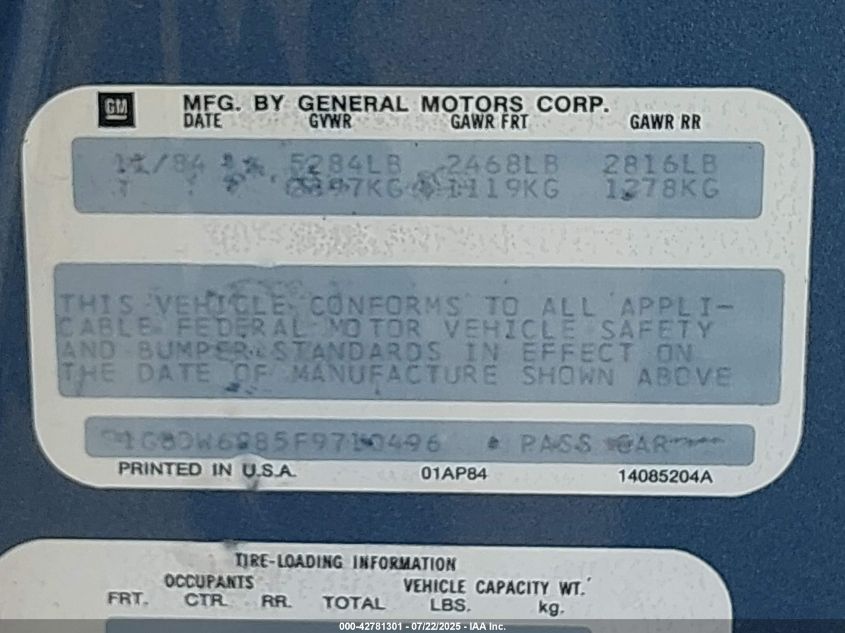 1985 Cadillac Fleetwood Brougham VIN: 1G6DW6985F9710496 Lot: 42781301