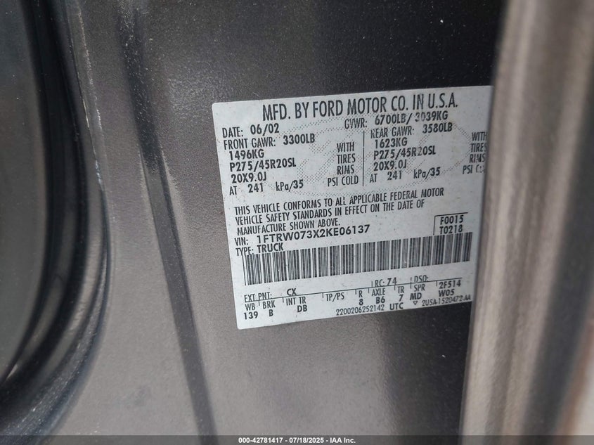 2002 Ford F-150 Lariat VIN: 1FTRW073X2KE06137 Lot: 42781417