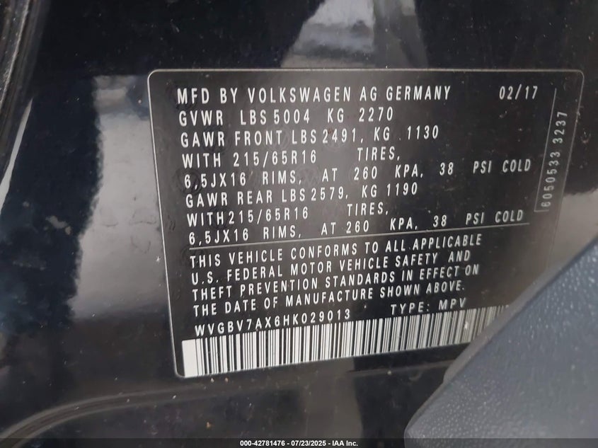 2017 VOLKSWAGEN TIGUAN 2.0T/2.0T S - WVGBV7AX6HK029013
