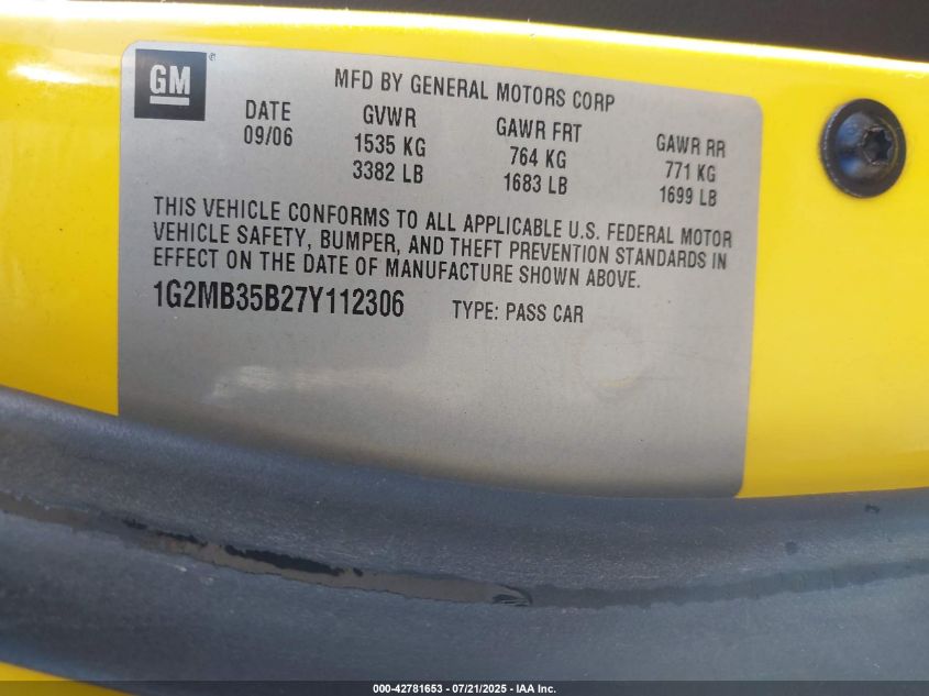 2007 Pontiac Solstice VIN: 1G2MB35B27Y112306 Lot: 42781653