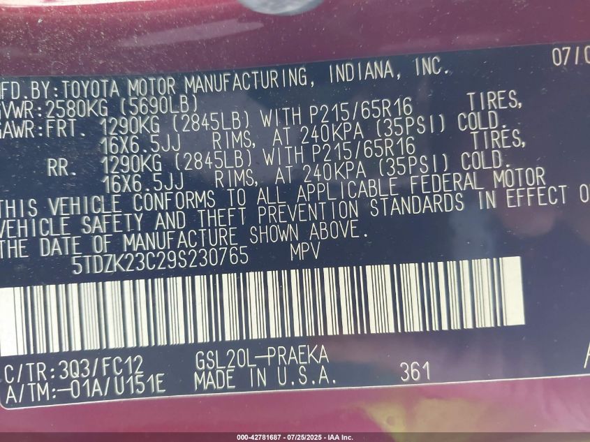 2009 Toyota Sienna Le VIN: 5TDZK23C29S230765 Lot: 42781687