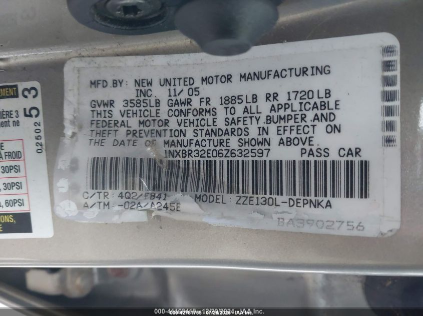 2006 Toyota Corolla Le VIN: 1NXBR32E06Z632597 Lot: 42781755