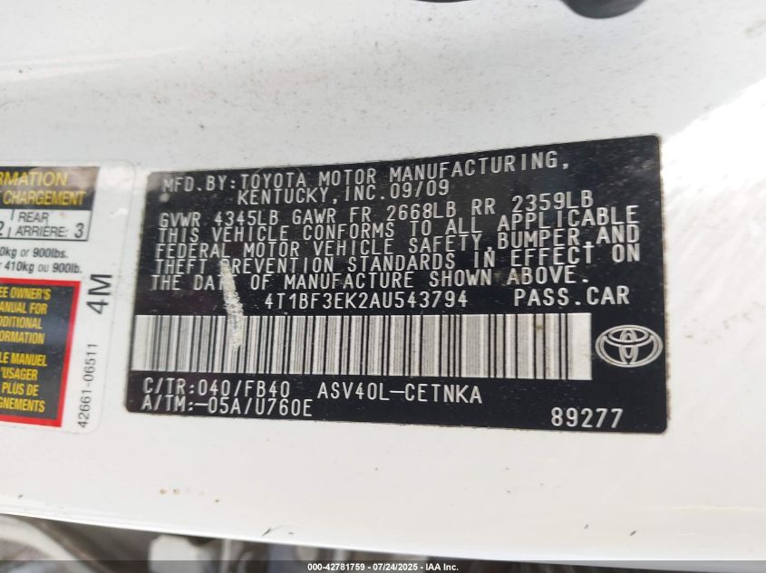2010 Toyota Camry Le VIN: 4T1BF3EK2AU543794 Lot: 42781759