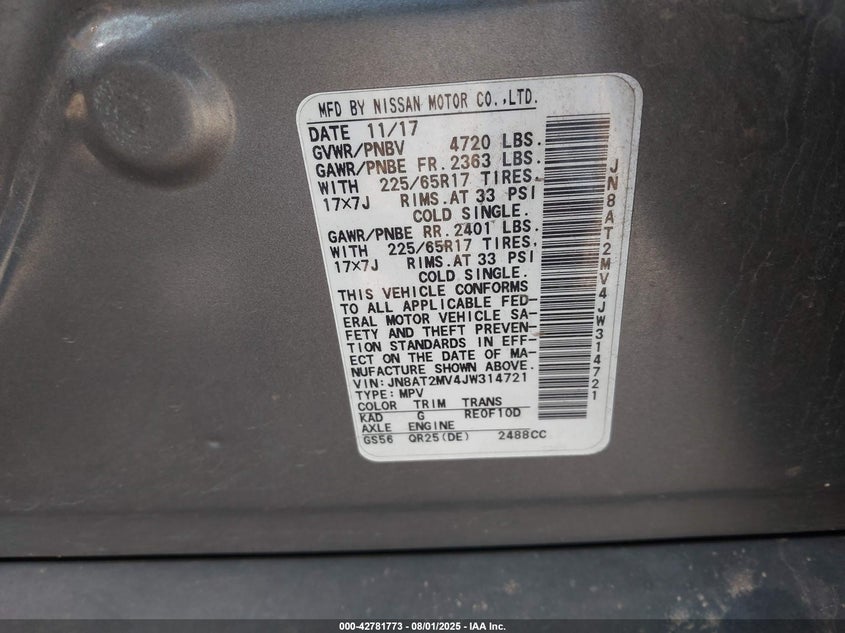 2018 Nissan Rogue S VIN: JN8AT2MV4JW314721 Lot: 42781773