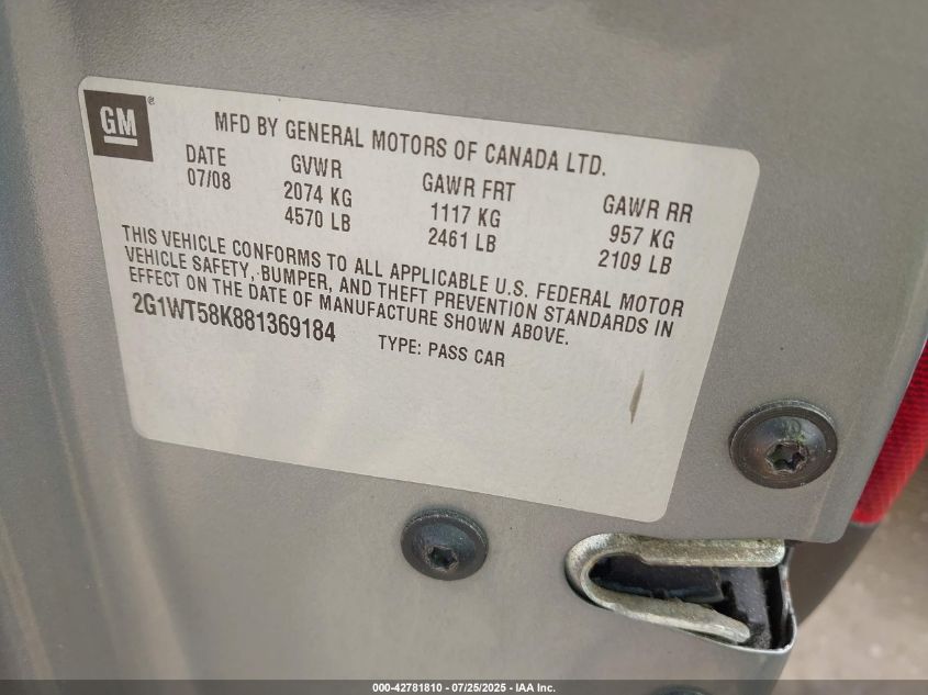 2008 Chevrolet Impala Lt VIN: 2G1WT58K881369184 Lot: 42781810