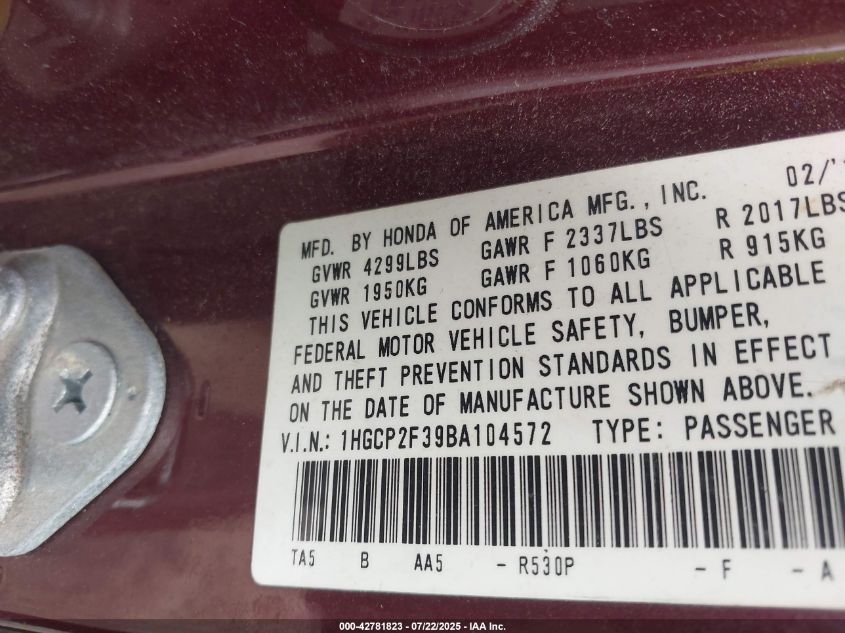 2011 Honda Accord Lx VIN: 1HGCP2F39BA104572 Lot: 42781823