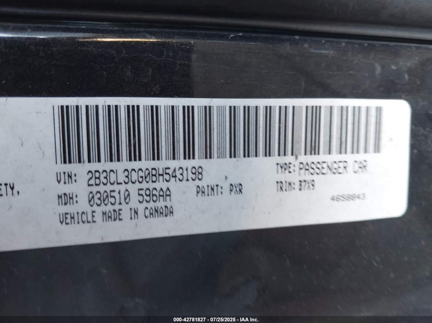 2011 Dodge Charger VIN: 2B3CL3CG0BH543198 Lot: 42781827