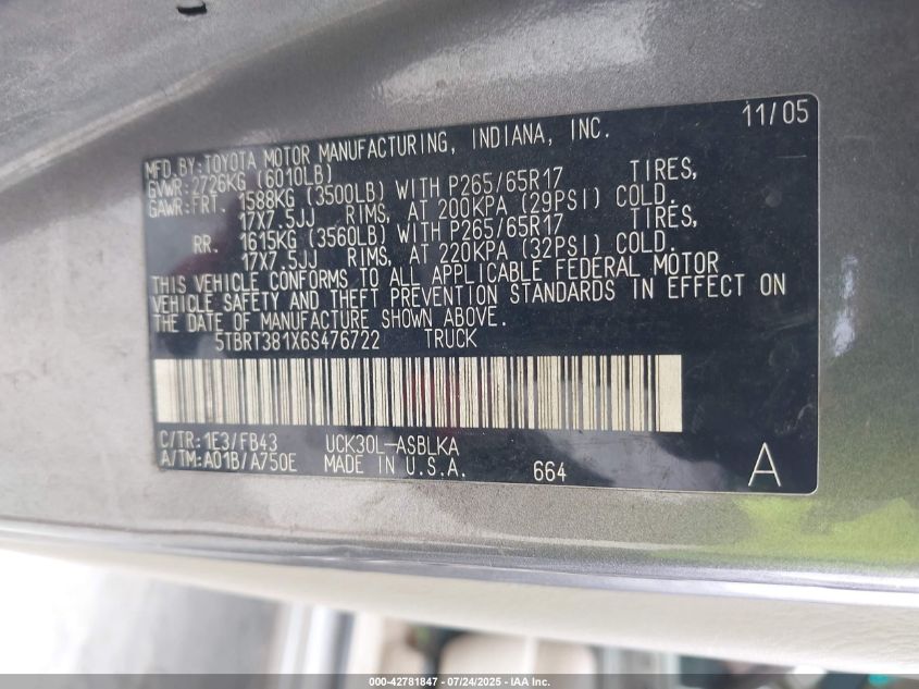 2006 Toyota Tundra Limited V8 VIN: 5TBRT381X6S476722 Lot: 42781847