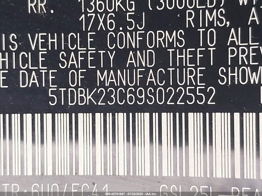 2009 Toyota Sienna Le VIN: 5TDBK23C69S022552 Lot: 42781867