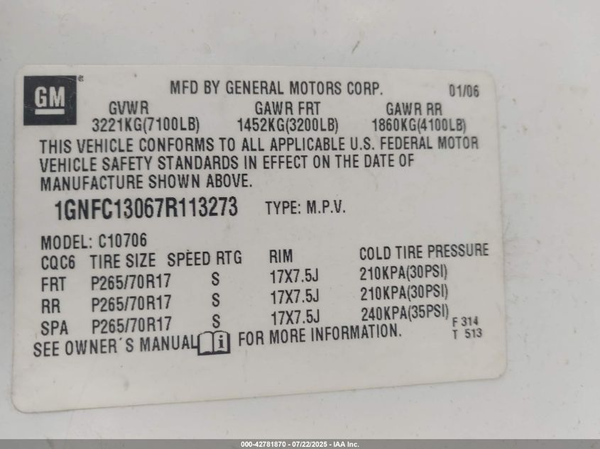 2007 Chevrolet Tahoe Lt VIN: 1GNFC13067R113273 Lot: 42781870