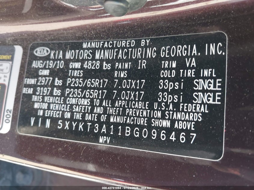 2011 Kia Sorento Lx VIN: 5XYKT3A11BG096467 Lot: 42781894