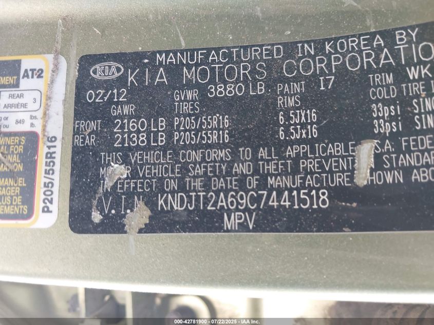 2012 Kia Soul + VIN: KNDJT2A69C7441518 Lot: 42781900