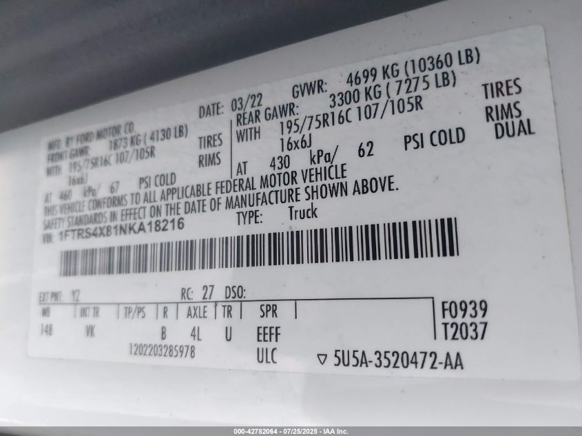 2022 Ford Transit-350 Cargo Van VIN: 1FTRS4X81NKA18216 Lot: 42782064