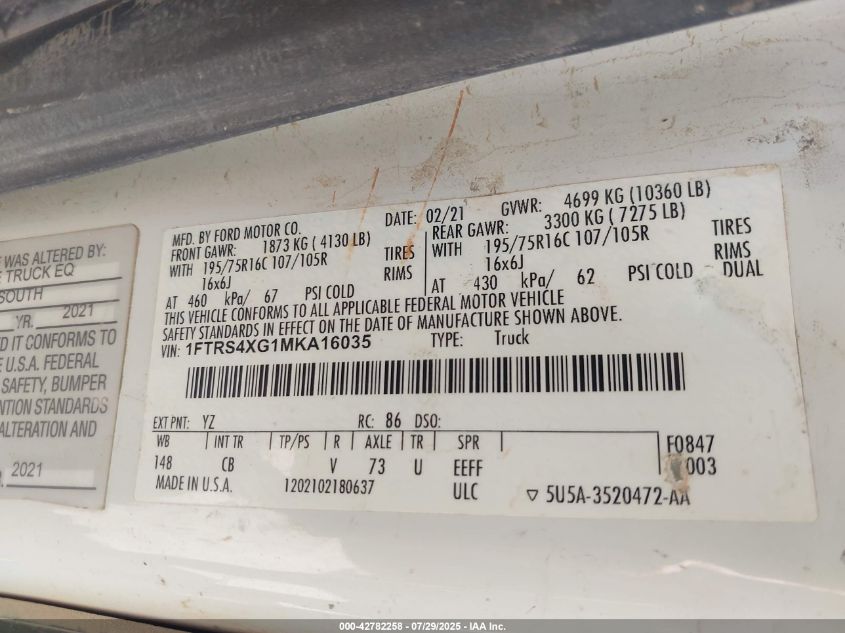 2021 Ford Transit-350 Cargo Van VIN: 1FTRS4XG1MKA16035 Lot: 42782258