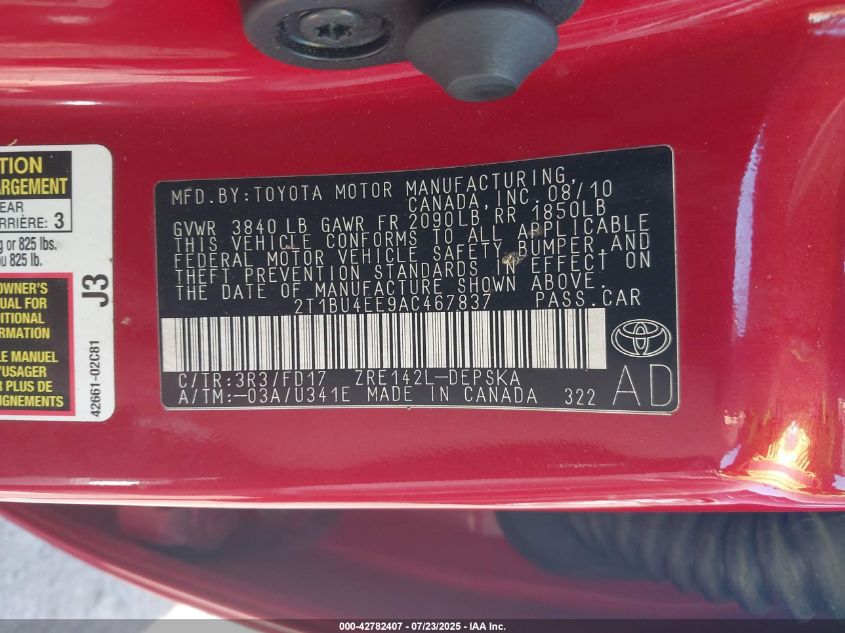 2010 Toyota Corolla S VIN: 2T1BU4EE9AC467837 Lot: 42782407