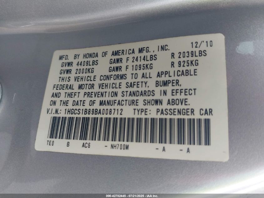 2011 Honda Accord 2.4 Ex-L VIN: 1HGCS1B89BA008712 Lot: 42782445