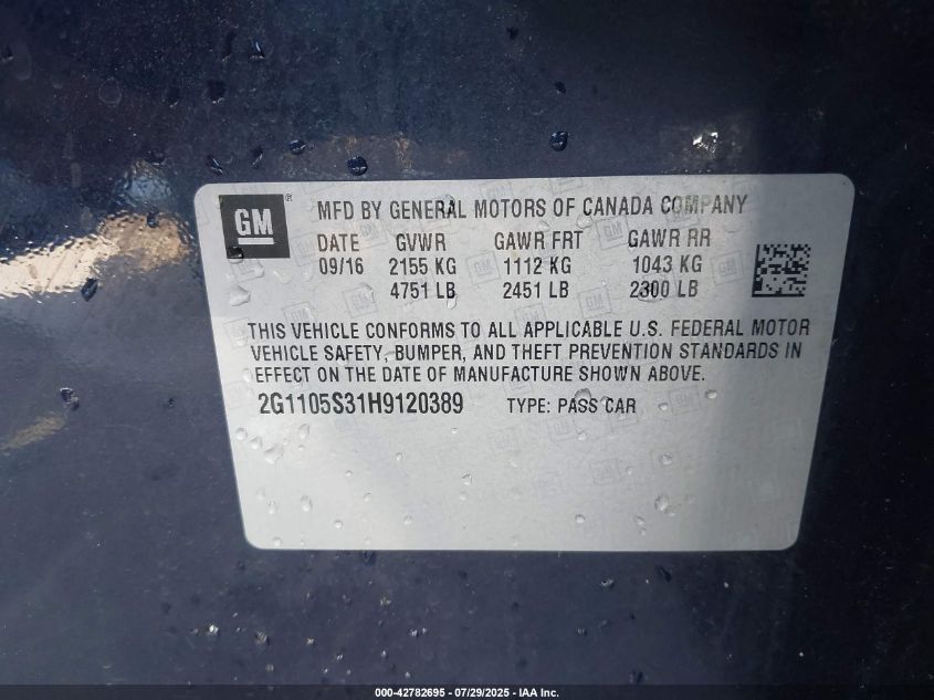 2017 Chevrolet Impala 1Lt VIN: 2G1105S31H9120389 Lot: 42782695