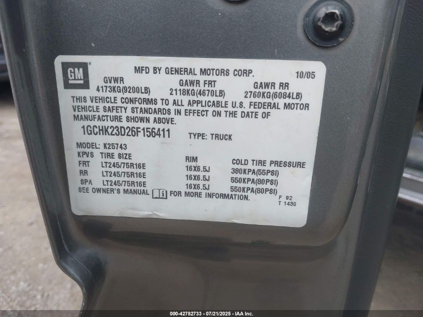2006 Chevrolet Silverado 2500Hd Lt1 VIN: 1GCHK23D26F156411 Lot: 42782733