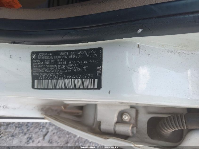 1998 BMW 328I VIN: WBACD4329WAV64672 Lot: 42782764