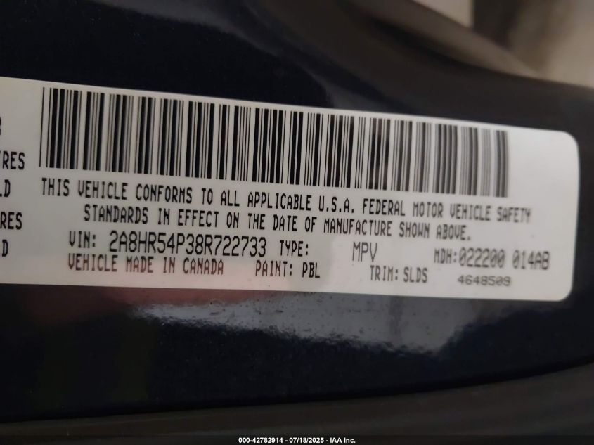 2008 Chrysler Town & Country Touring VIN: 2A8HR54P38R722733 Lot: 42782914