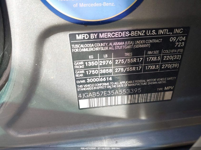 2005 Mercedes-Benz Ml 350 4Matic VIN: 4JGAB57E35A553395 Lot: 42782990