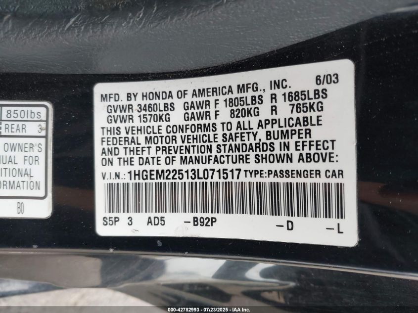 2003 Honda Civic Lx VIN: 1HGEM22513L071517 Lot: 42782993