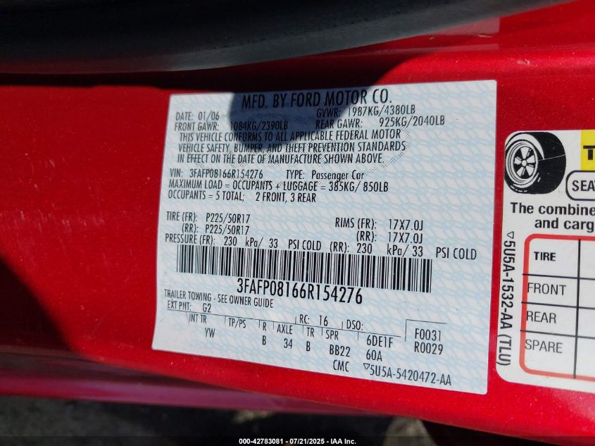 2006 Ford Fusion Sel VIN: 3FAFP08166R154276 Lot: 42783081