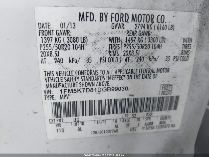 2013 Ford Explorer VIN: 1FM5R7D81DGB99030 Lot: 42783086