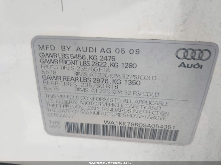 2009 Audi Q5 3.2 Premium VIN: WA1KK78R09A054351 Lot: 42783088